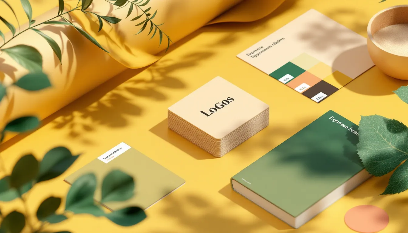 An isometric layout of a wellness brand system: logo tile, color chips, type specimen and a bound guideline booklet.