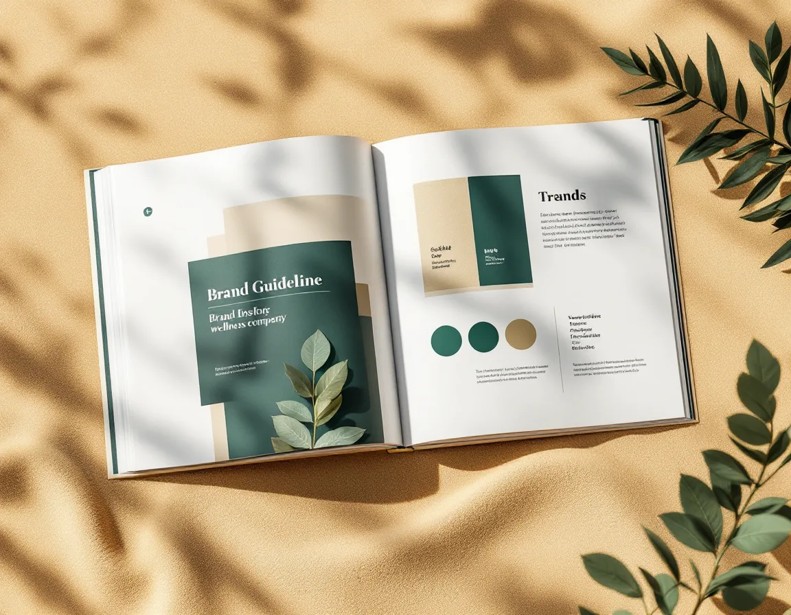 A printed brand guideline booklet open to a spread of logo, color chips and a type specimen.